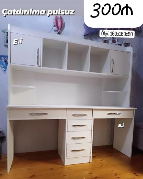 Düz masa, Stulsuz, Polkalı, Siyirməli, MDF