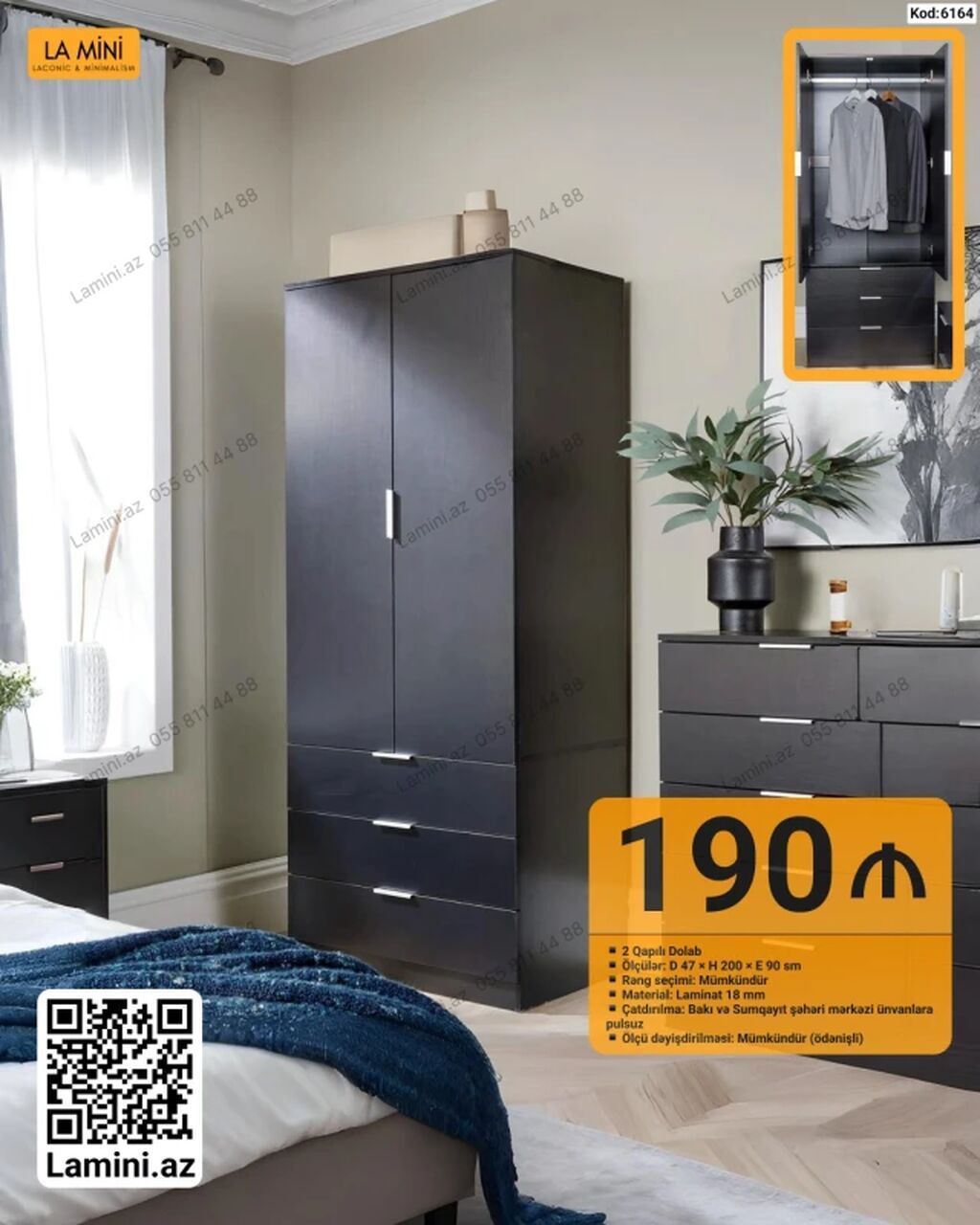 - Model: 2 qapılı dolab (Kod: 6164) - Ölçülər: Dərinlik 47 sm × — Mebel, Bakı
