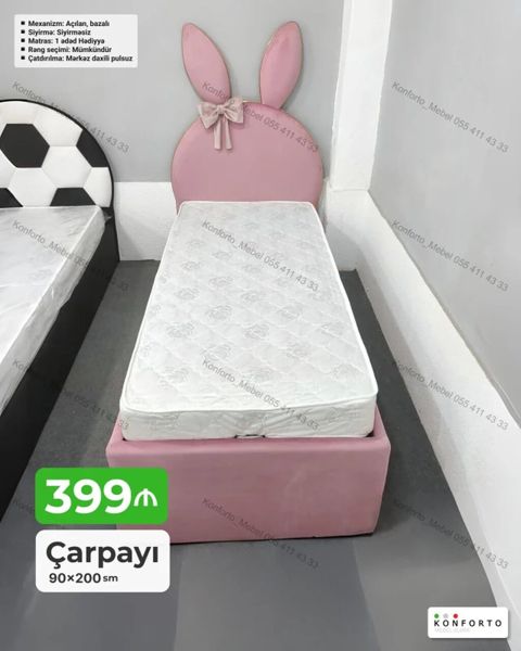 Uşaq çarpayısı dovşan qulaqlı başlıq ilə 90×200 sm