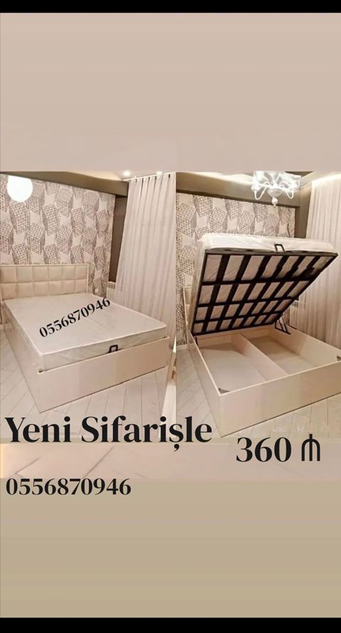 İki nəfərlik yataq, 160x200 sm, yüksəklənən bazalı, yumşaq başlıq