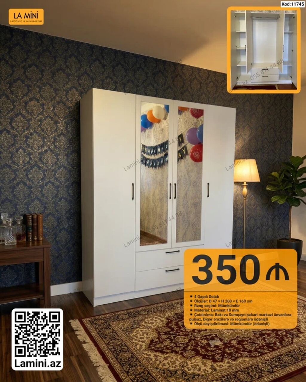 4 qapılı paltar dolabı – La Mini Xüsusiyyətlər: - Ölçü: D 47 × H 200 — Şkaflar, Bakı