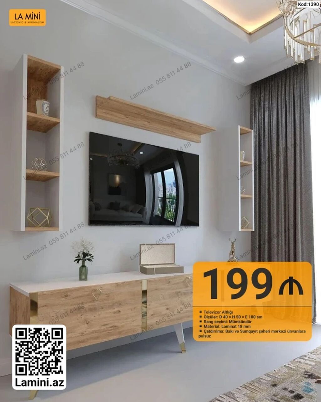 TV altlığı və divar rəf-li set - Kod: 1390 - Ölçülər: Dərinlik 40 sm — Mebel, Bakı