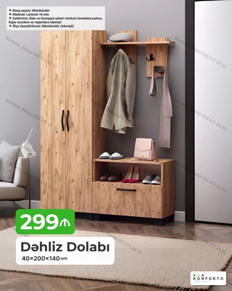 Dəhliz dolabı – 40×200×140 sm - Material: 18 mm laminat - Rəng — Konforto Mebel — Dəhliz mebeli