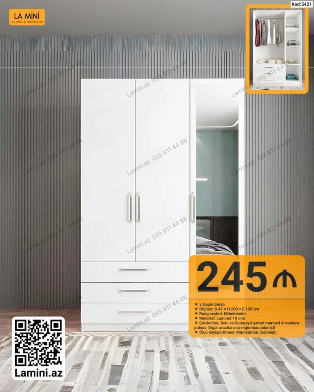 - Məhsul: 3 qapılı dolab (Kod: 5421) - Rəng seçimi: mümkündür - — Mebel, Bakı