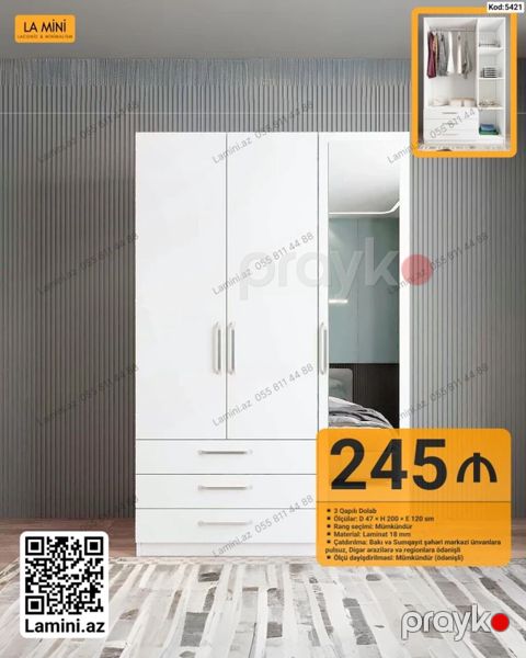 3 qapılı geyim dolabı - Ölçü: 47 200 120 sm - Rəng seçimi — Bakı
