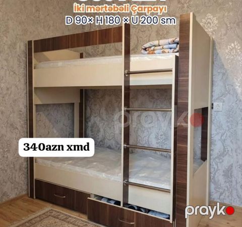 İki mərtəbəli çarpayı Ölçülər: dərinlik 90 sm hündürlük 180 sm