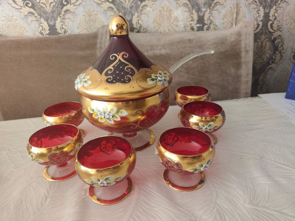Qırmızı-qatlı şüşədən hazırlanmış büllur punch/kompot dəsti - — Mallar, Gəncə (3)