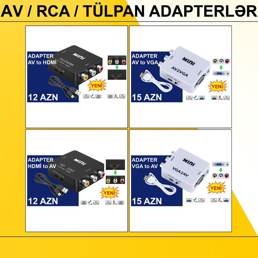 AV/RCA/Tülpan Adapterlər/Konverterlər (Çeviricilər) ⭐AV to VGA – 15