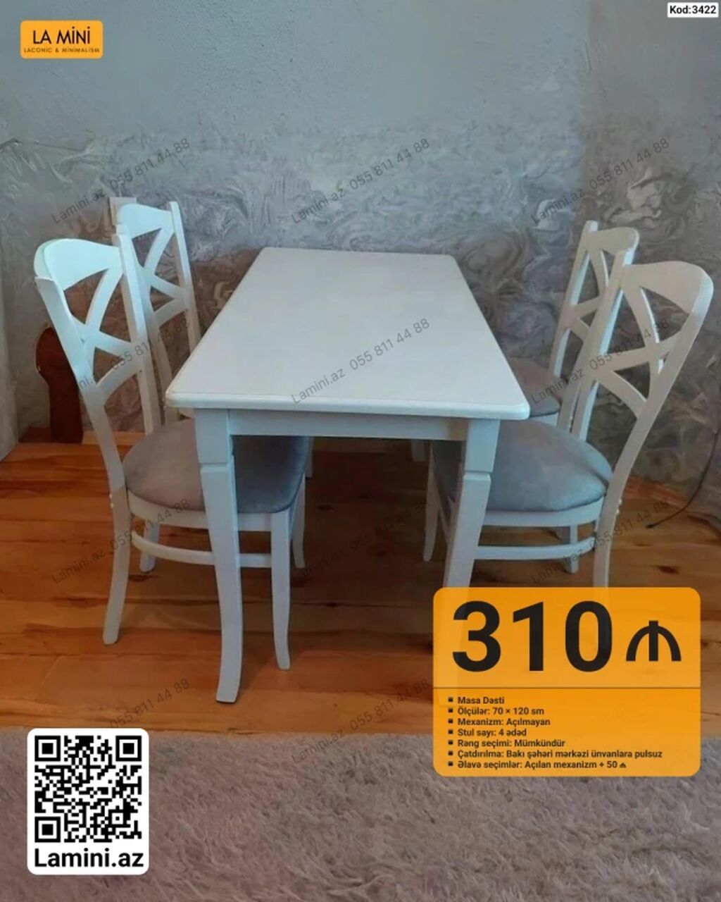 Masa Dəsti – Kod: 3422 - Dəst tərkibi: 1 masa + 4 ədəd stul - Ölçülər