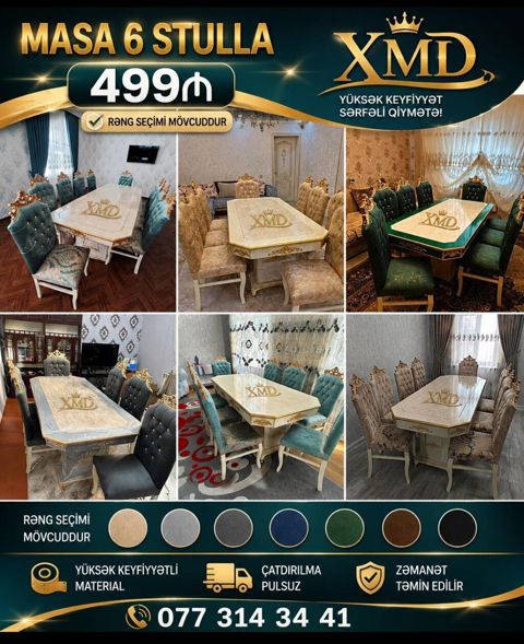 Masa + 6 stul dəsti - Qiymət: 499 ₼ (şəkildə göstərilib) - Rəng