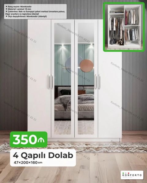 4 qapılı paltar dolabı – 47×200×160 sm - Rəng seçimi: mümkündür - — Konforto Mebel — Şkaflar