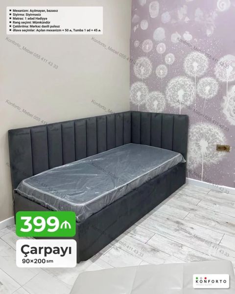 L‑şəkilli başlıqlı çarpayı – 90×200 sm - Rəng seçimi mümkündür -
