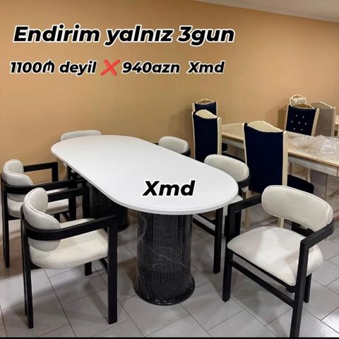 Müasir yemək dəsti – oval formalı ağ masa və 6 ədəd kreslo tipli stul