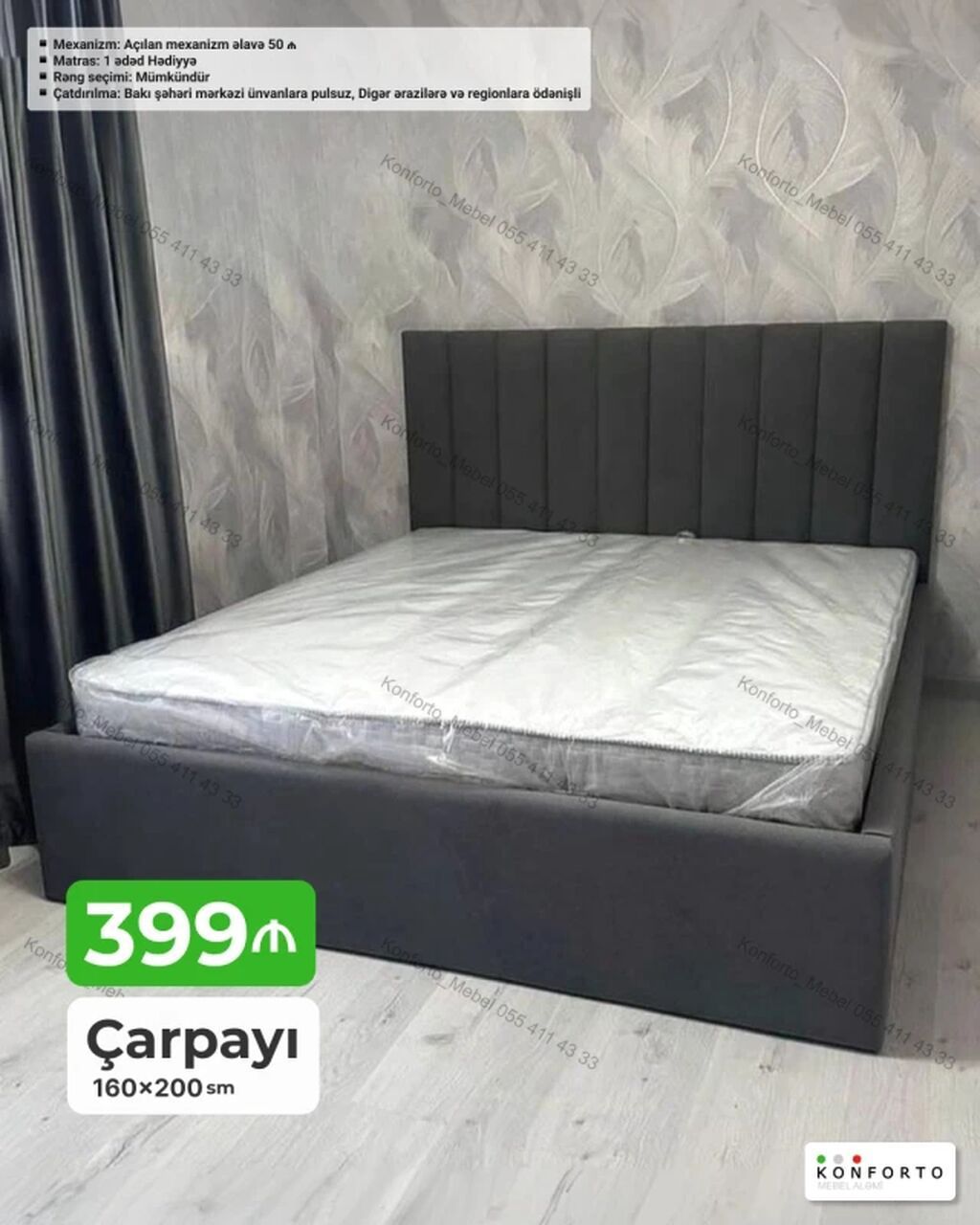 Çarpayı – 160×200 sm - Başlıq: Yumşaq, dikdikiş panellı başlıq -