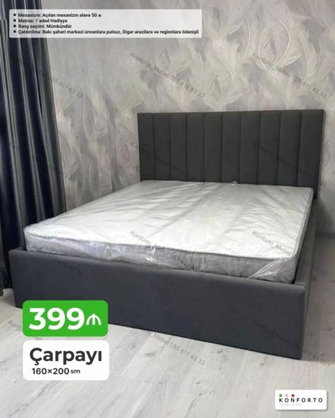Çarpayı – 160×200 sm - Başlıq: Yumşaq, dikdikiş panellı başlıq -