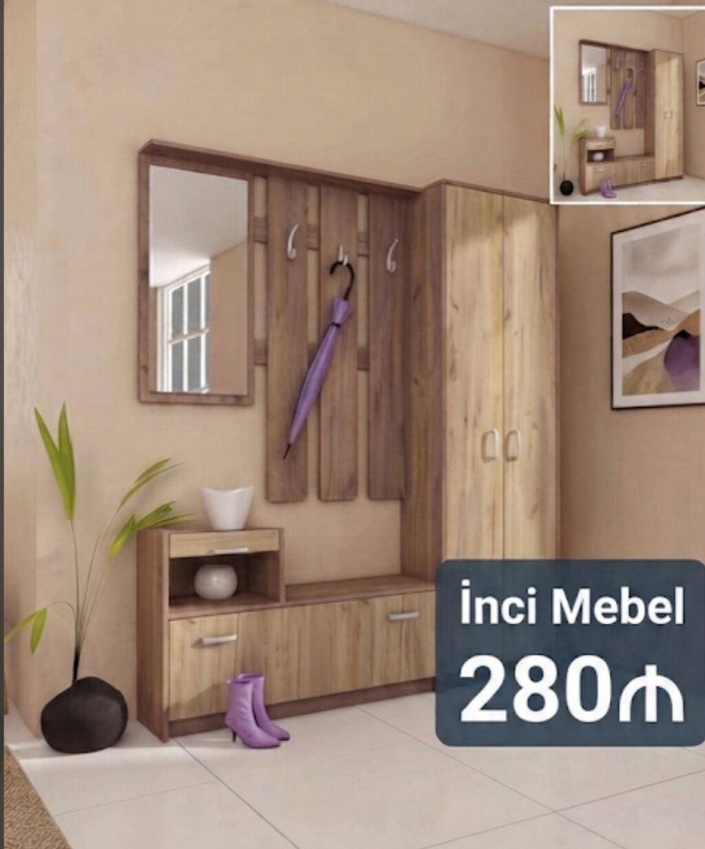 Yeni, 1 qapı, Güzgülü, Qəhvəyi, Açılan, Künc dolab