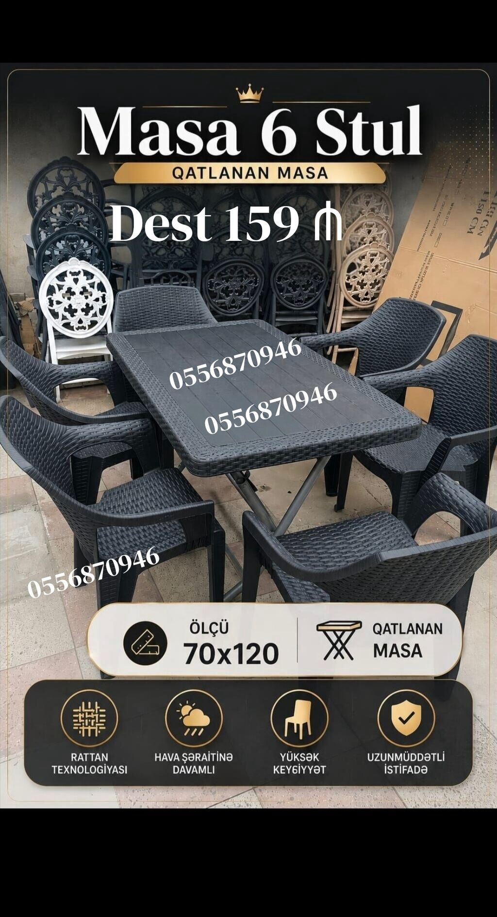 Yeni, Dördbucaq masa, 6 stul, Açılmayan, Stullar ilə, Plastik, Türkiyə — Mebel, Bakı (6)