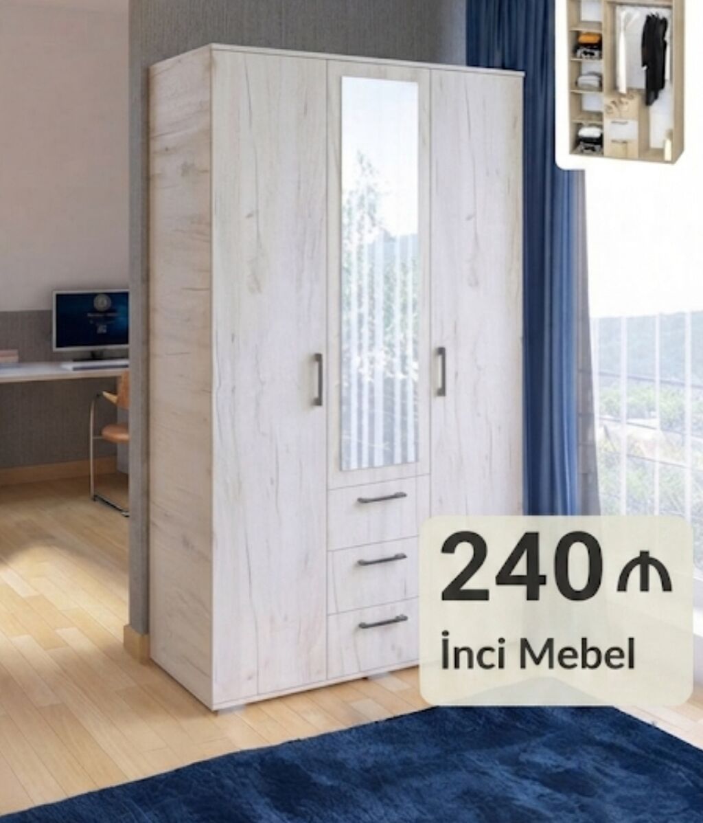 Yeni, 3 qapılı, Güzgülü, Açılan, Düz dolab