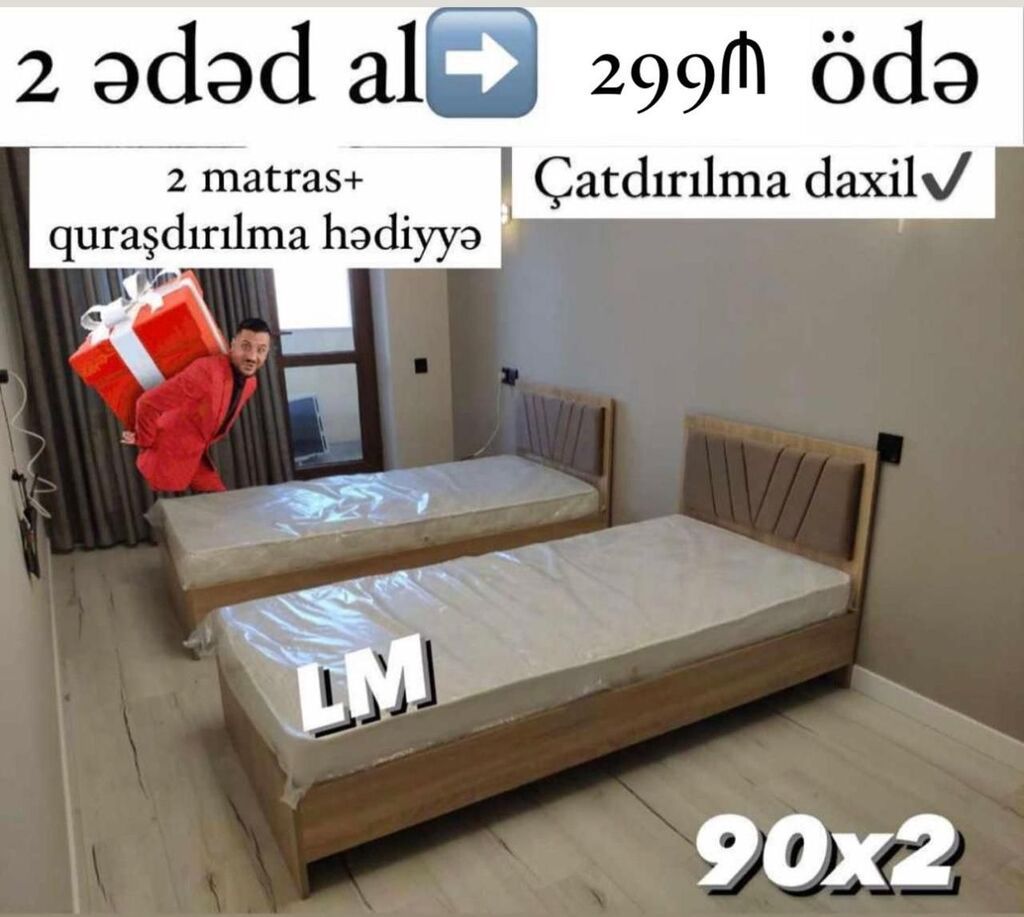 İki ədəd tək nəfərlik çarpayı dəsti. - Ölçü: 90 x 190 sm (hər çarpayı