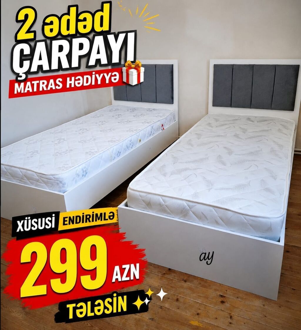 2 ədəd tək nəfərlik çarpayı paketi - Dəst: 2 ədəd ağ rəngli çarpayı -