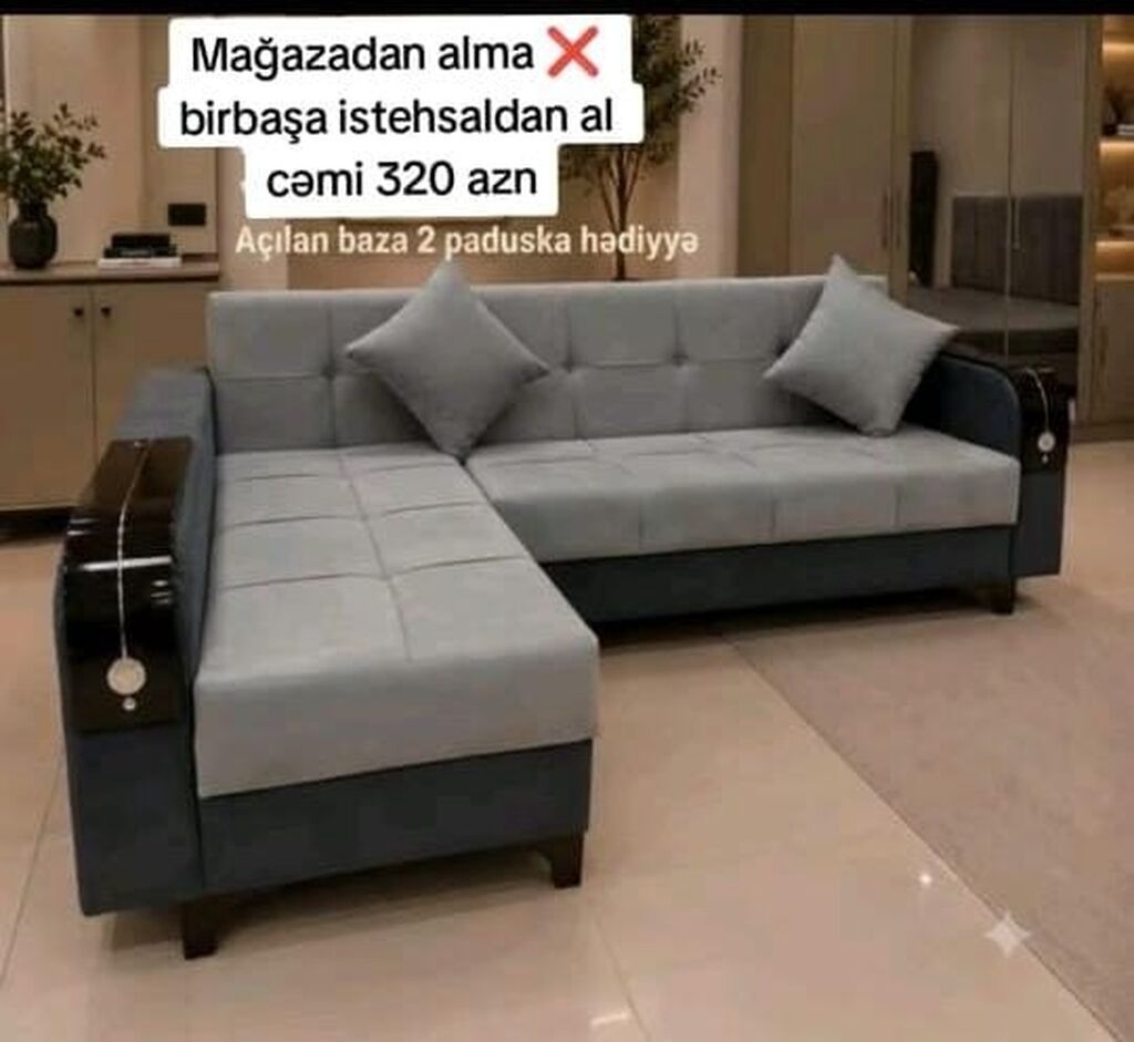L formalı yumşaq divan – açılan baza ilə - Rəng: açıq boz oturacaq və — Mebel, Bakı