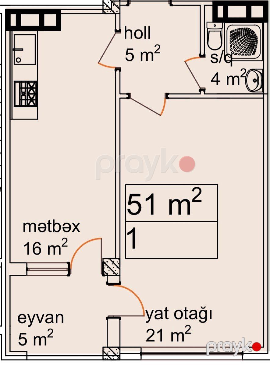 Satılır 1 otaqlı yeni tikili 51 m² — Mənzil, Bakı (6)