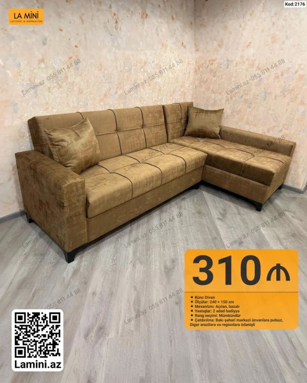 Künc divan – Kod: 2176 - Ölçülər: 240 × 150 sm - Mexanizm: Açılan — Mebel, Bakı