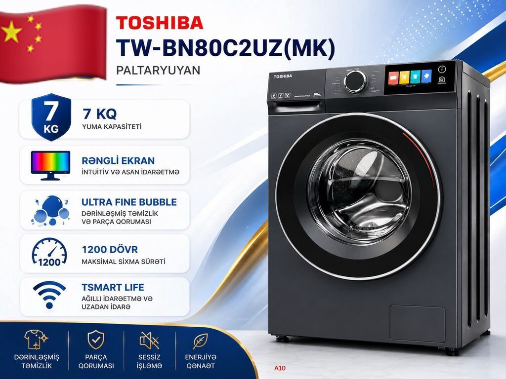 Paltaryuyan maşın Toshiba, 8 kq, Yeni, Avtomat, Qurutmasız, Kredit yoxdur, Ödənişli çatdırılma — Paltaryuyan maşınlar, Sumqayıt (3)