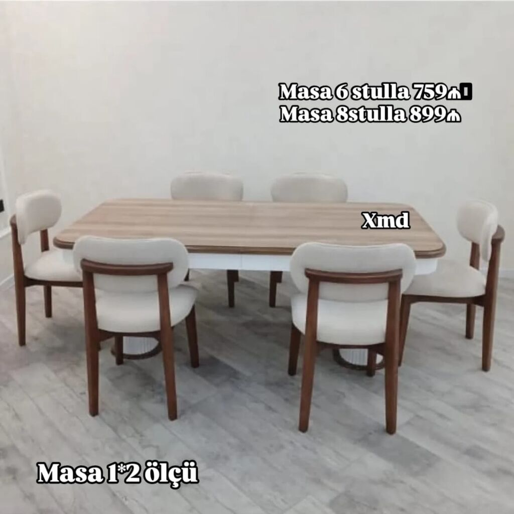Yemək otağı üçün masa-stul dəsti - Masa ölçüsü: 1×2 m - Dəst
