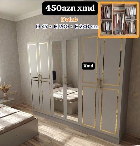 Dolab – 450 AZN Ölçülər: D 47 × H 200 × E 240 sm - 6 qapılı geniş