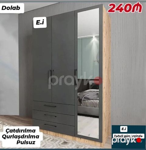 Yeni, 2 qapılı, Güzgülü, Boz, Açılan, Düz dolab