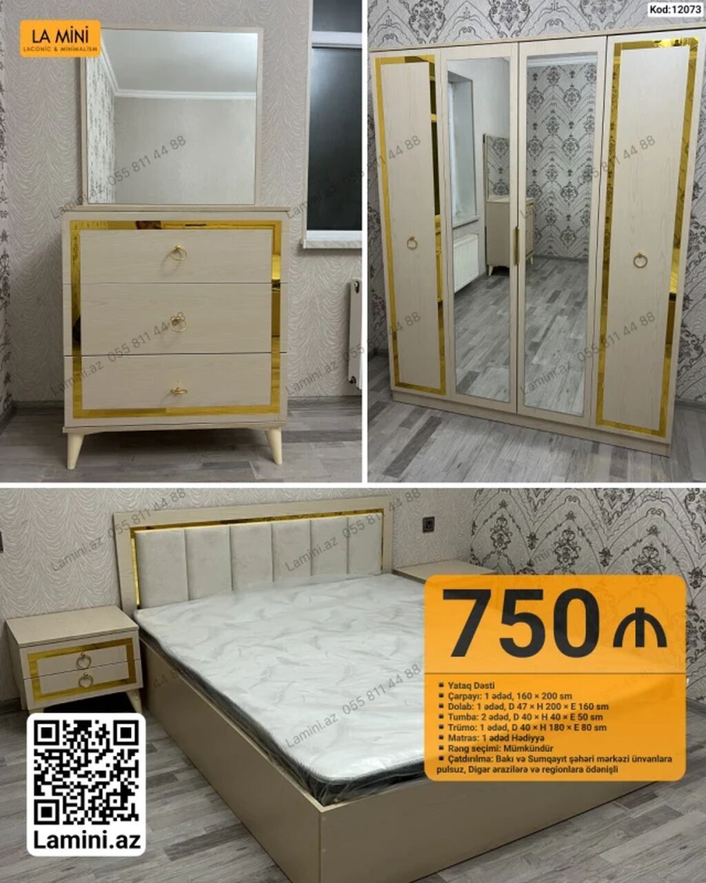 Yataq Dəsti – Kod: 12073 Komplektə daxildir: - Çarpayı: 1 ədəd, 160 x — Mebel, Bakı