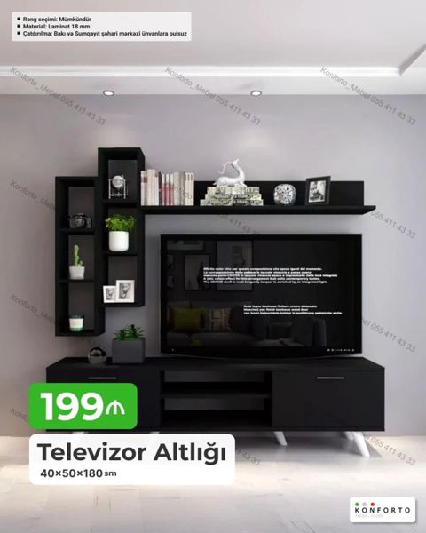 Televizor altlığı və divar rəfli modul dəsti Ölçü: 40 × 50 × 180 sm — Konforto Mebel — Тумбы под телевизор и стенды