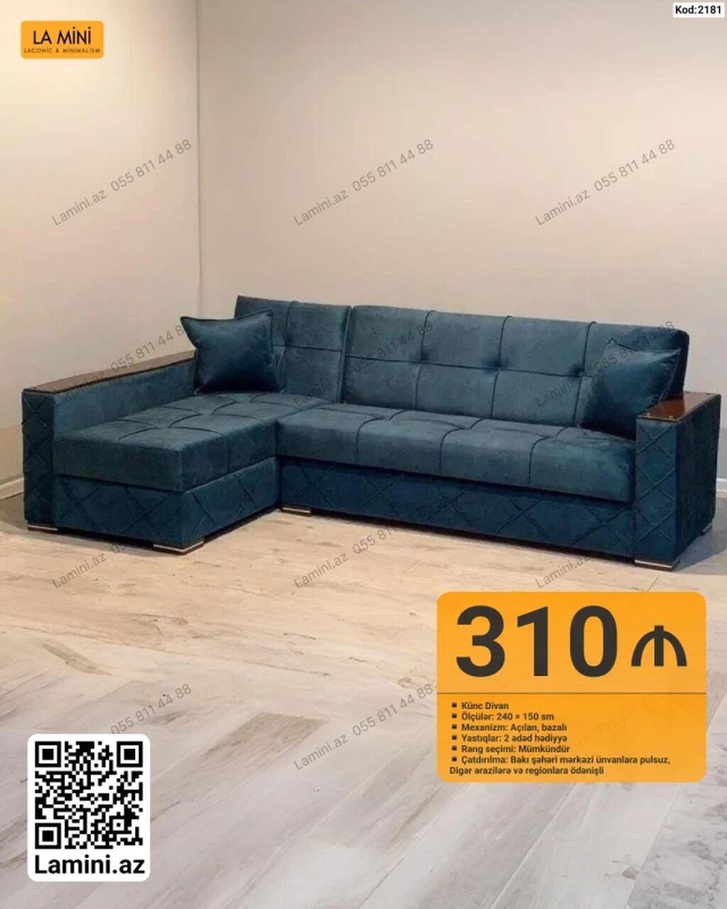 Künc divan – Kod: 2181 - Ölçülər: 240 × 150 sm - Mexanizm: Açılan — Mebel, Bakı