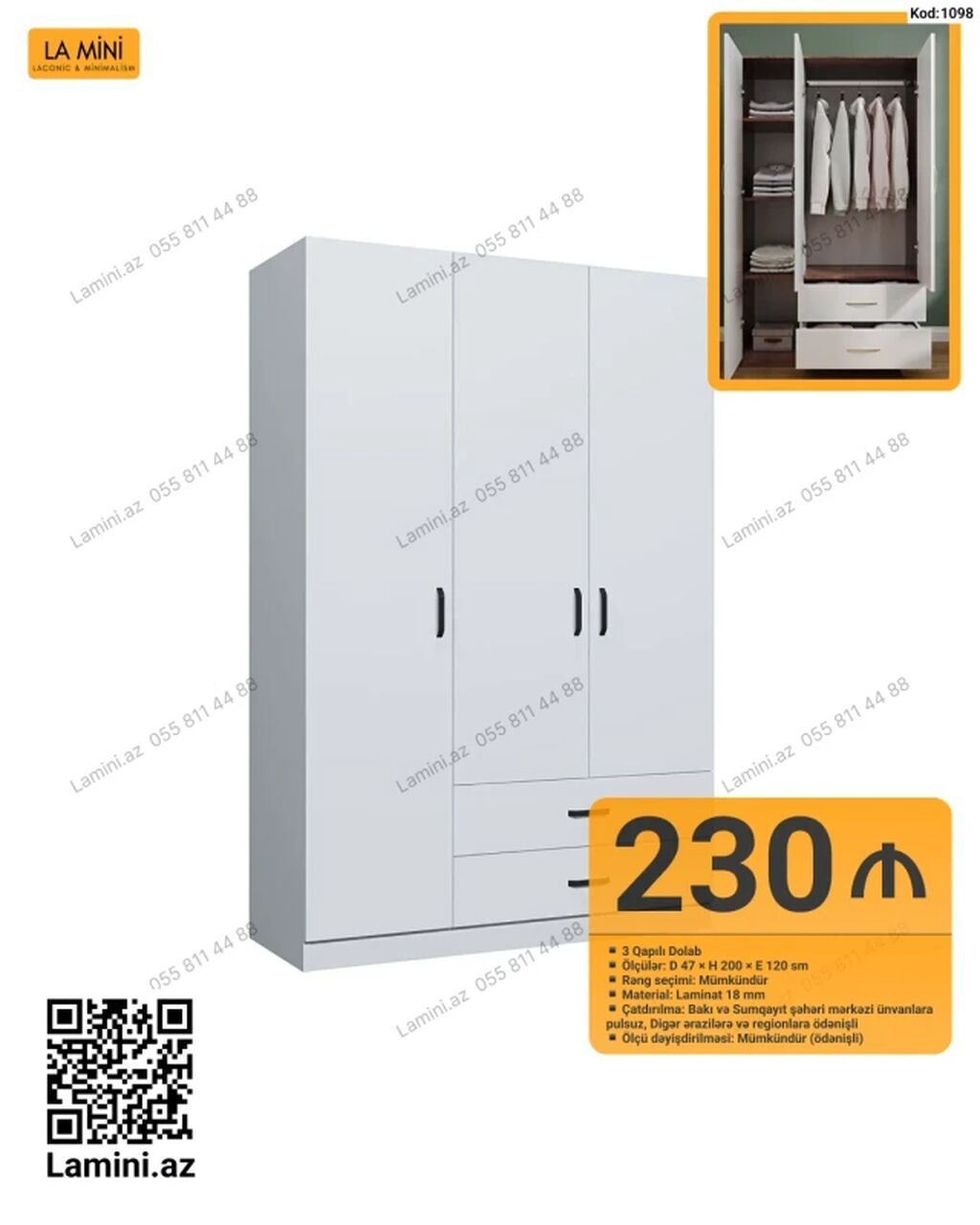 3 qapılı dolab – Kod: 1098 - Ölçülər: D 47 × H 200 × E 120 sm - Rəng — Mebel, Bakı