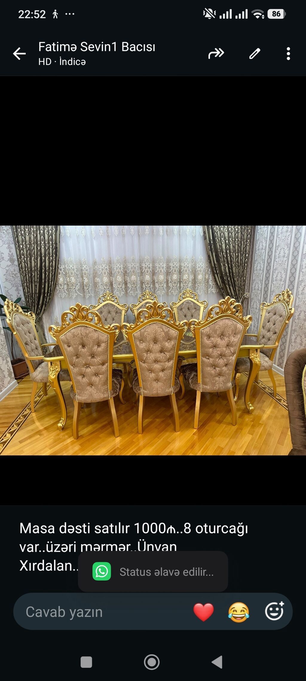 Masa dəsti satılır 1000₼. 8 oturcağı var. üzəri mərmər. Ünvan — Mebel, Bakı