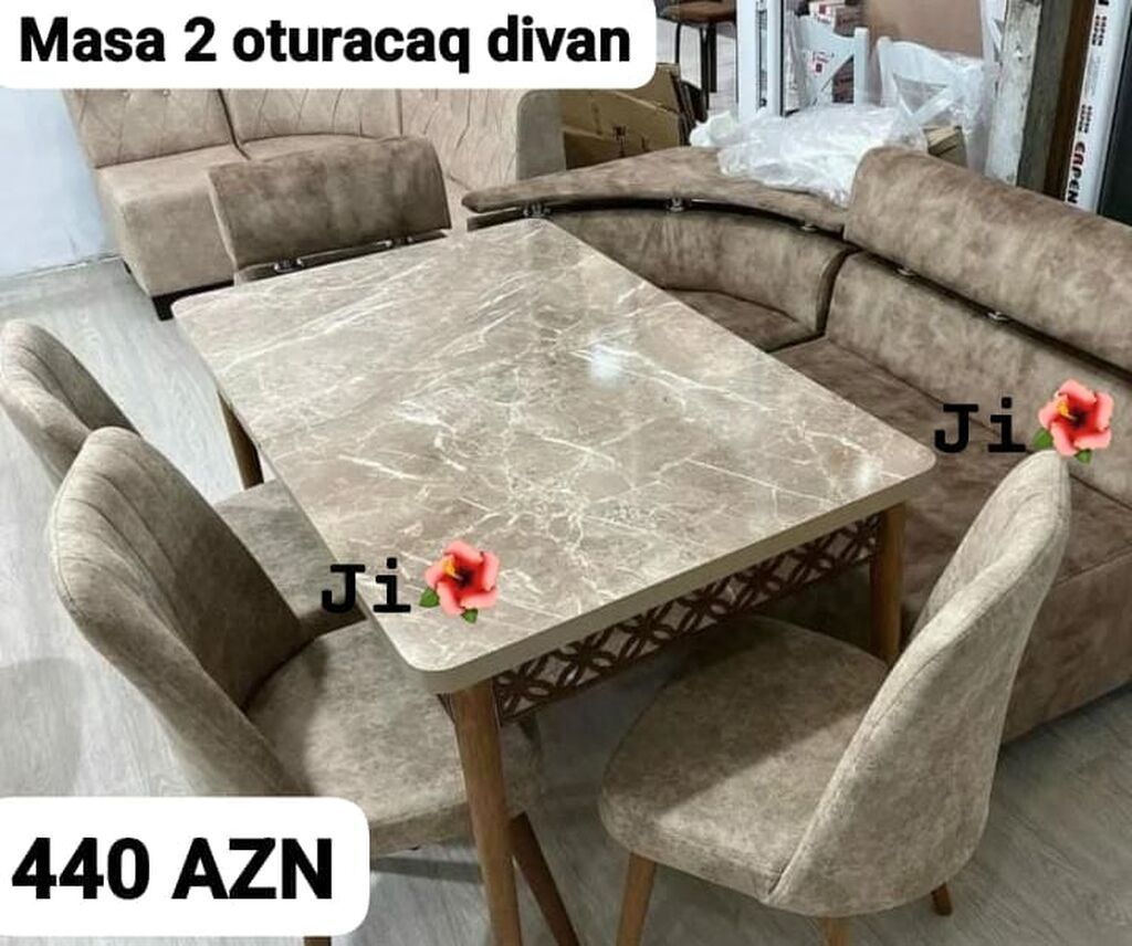 Mətbəx/yaşayış otağı üçün dəst: - Mermer naxışlı düzbucaqlı masa –