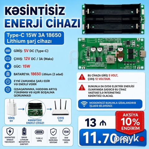 Kəsintisiz enerji cihazı Type-C 15W 3A 18650 Lithium şarj cihazı. ⛔ Bu — Lənkəran