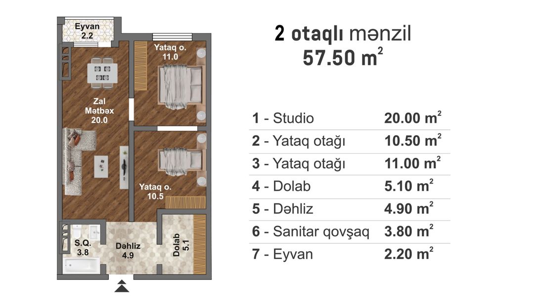 Satılır 2 otaqlı yeni tikili 57.5 m² — Mənzil, Bakı (2)