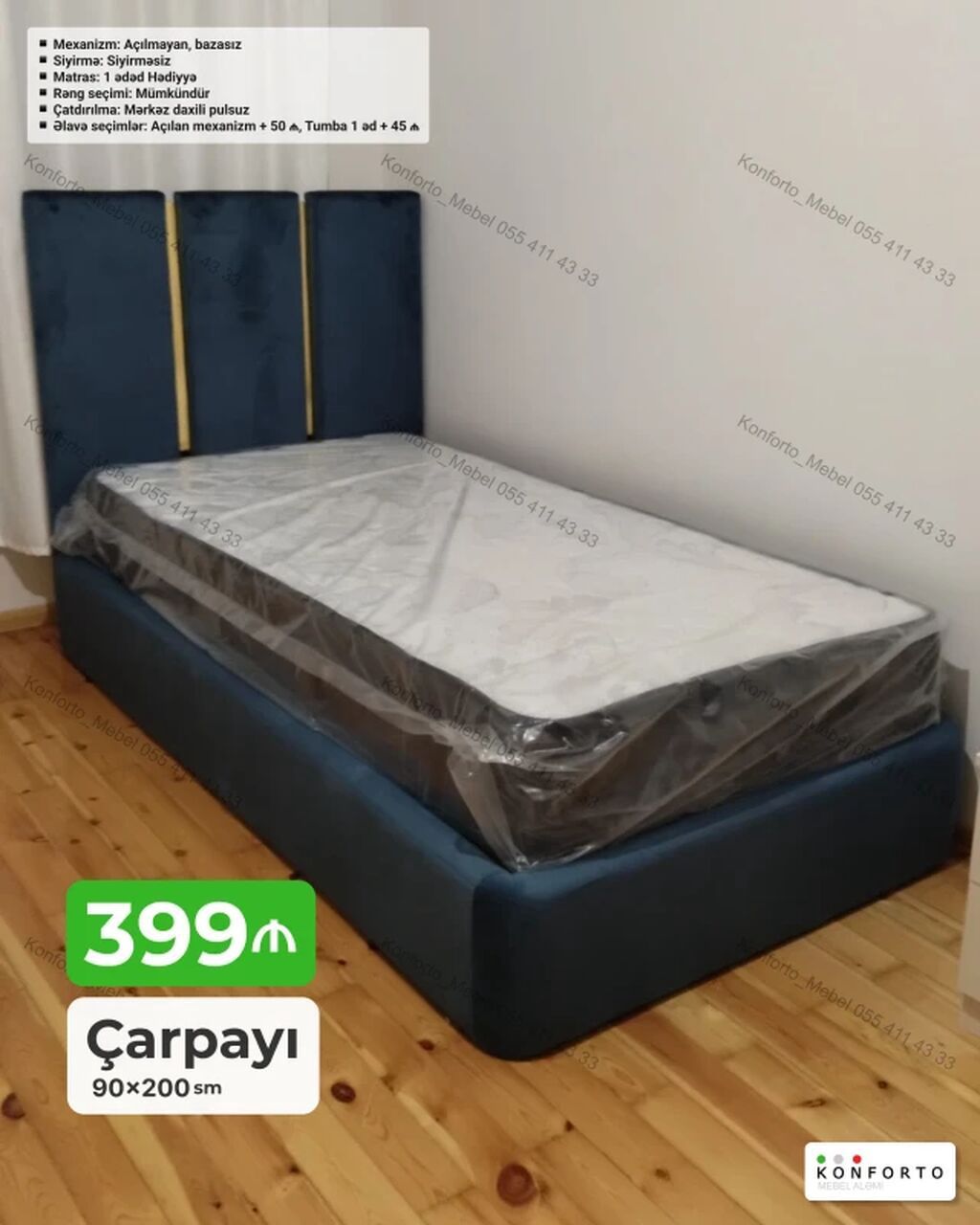 Çarpayı – 90×200 sm - Mexanizm: açılmayan, bazasız - Sıyırma