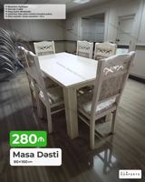 Masa dəsti – 90×160 sm • Mexanizm: Açılmayan • Stul sayı: 6 ədəd — Mebel
