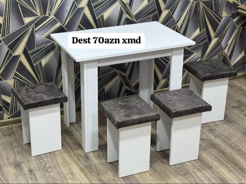 Mətbəx masa və taburet dəsti - Dəst: 1 ədəd ağ yemək masası + 4 ədəd