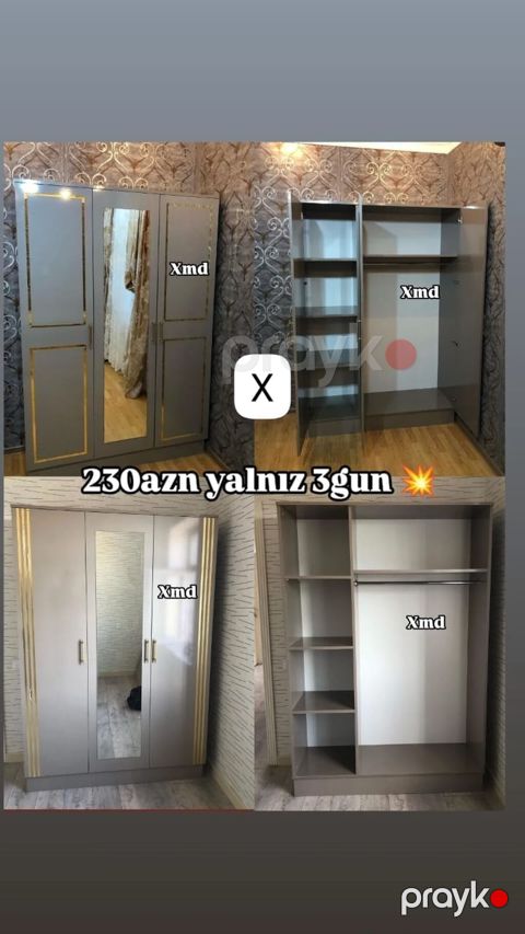3 qapılı paltar şkafı - Rəng: boz-qızılı detal və güzgülü orta qapı - — Bakı
