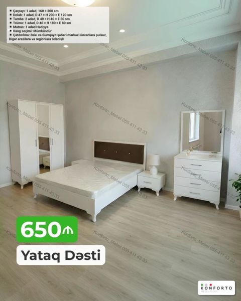 Yataq Dəsti – 650 ₼ Komplekt: - Çarpayı: 1 ədəd, 160 × 200 sm - — Konforto Mebel — Bedroom furniture sets