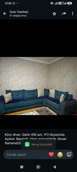 Künc divan. Satılır 450 azn. 3*2 ölçüsündə. Açılmır. Bazalıdır. İdeal — Mebel