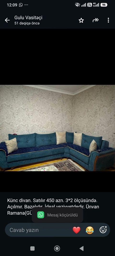 Künc divan. Satılır 450 azn. 3*2 ölçüsündə. Açılmır. Bazalıdır. İdeal — Aişə Xanım — Divanlar