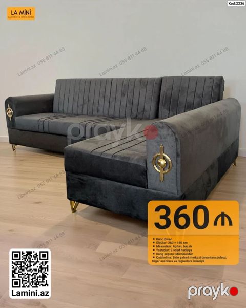 Künc divan – Kod: 2236 - Ölçülər: 260 160 sm - Mexanizm: açılan — Bakı