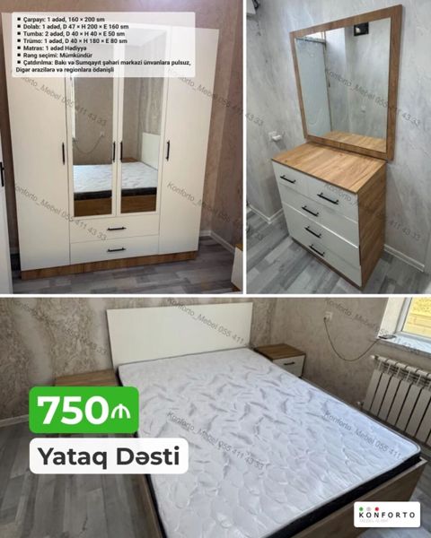 Yataq Dəsti – 750 ₼ Tərkib: - Çarpayı: 1 ədəd, 160 × 200 sm - Dolab