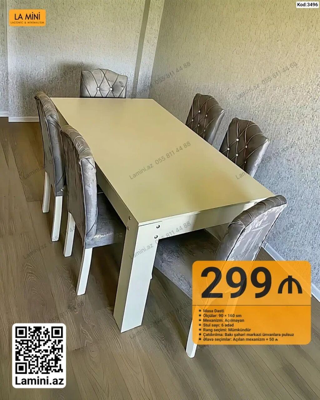 Məhsul: Masa dəsti (Kod: 3496) - Dəst: Masa + 6 ədəd stul - Ölçülər — Mebel, Bakı