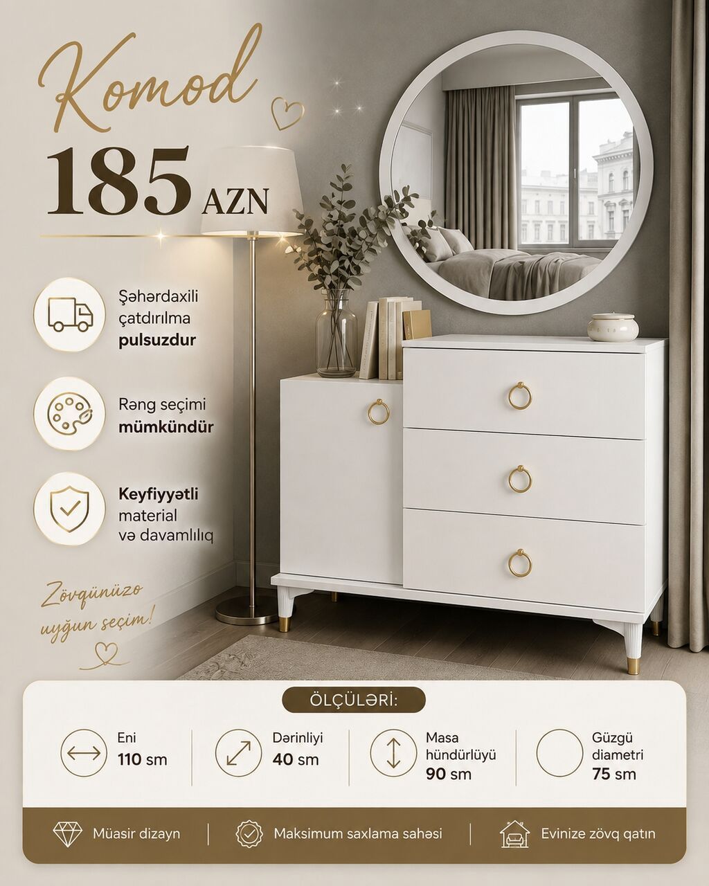 Komod – 185 AZN Ağ rəngli, qızılı detallar ilə müasir dizaynlı komod